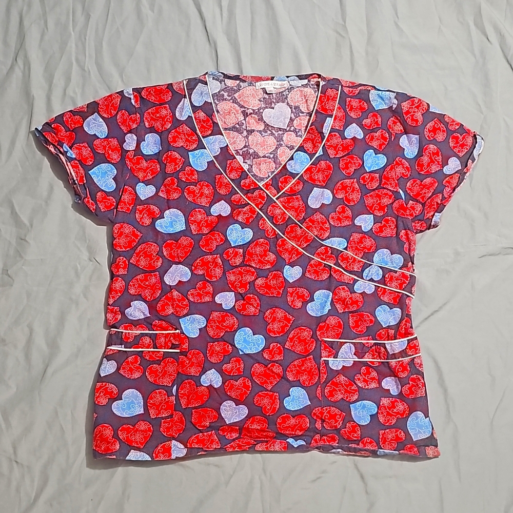 1X Red and Blue Heart Scrub Top Delta Valentine's Day Holiday